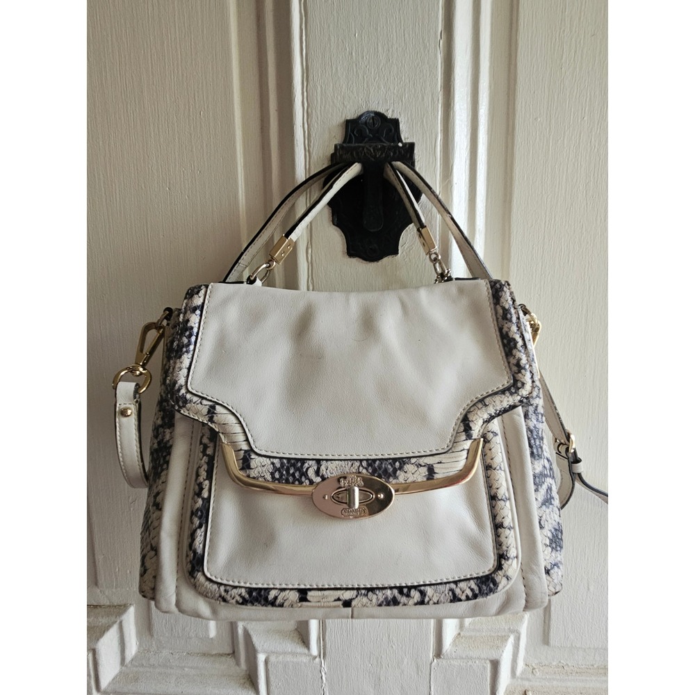 Coach Madison Lindsey Satchel White Leather Python Trim Handbag 27849